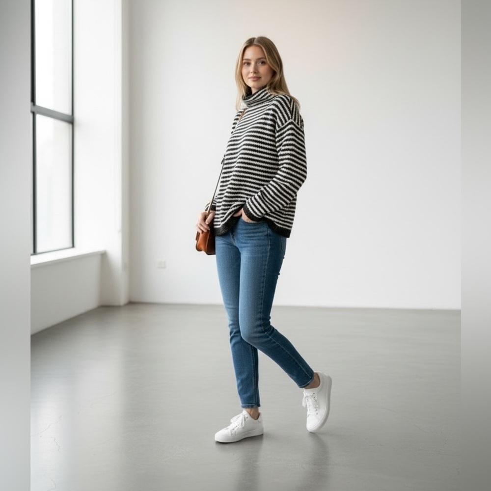 Anthropologie Women’s Black & White Striped crewneck Sweater Size XS